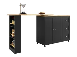 Mueble bar giratorio - 2 puertas, 2 cajones y estantes de almacenaje - 138/209 x 39 x 104 cm - Madera MDF y cristal - Negro + natural