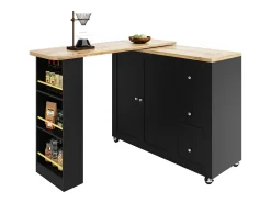 Mueble bar giratorio - 2 puertas, 2 cajones y estantes de almacenaje - 138/209 x 39 x 104 cm - Madera MDF y cristal - Negro + natural