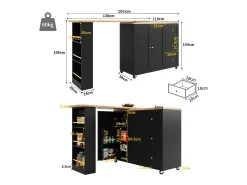 Mueble bar giratorio - 2 puertas, 2 cajones y estantes de almacenaje - 138/209 x 39 x 104 cm - Madera MDF y cristal - Negro + natural