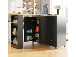 Mueble bar giratorio - 2 puertas, 2 cajones y estantes de almacenaje - 138/209 x 39 x 104 cm - Madera MDF y cristal - Negro + natural