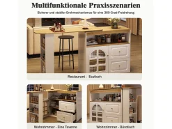 Mueble bar giratorio - 204 x 39 x 104 cm - con 2 cajones + 1 puerta + 3 estantes snack - MDF - blanco