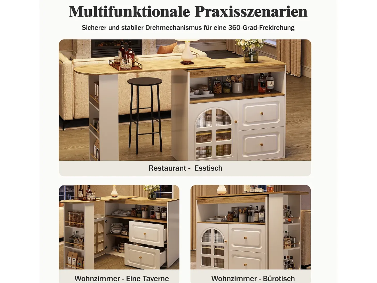 Mueble bar giratorio - 204 x 39 x 104 cm - con 2 cajones + 1 puerta + 3 estantes snack - MDF - blanco