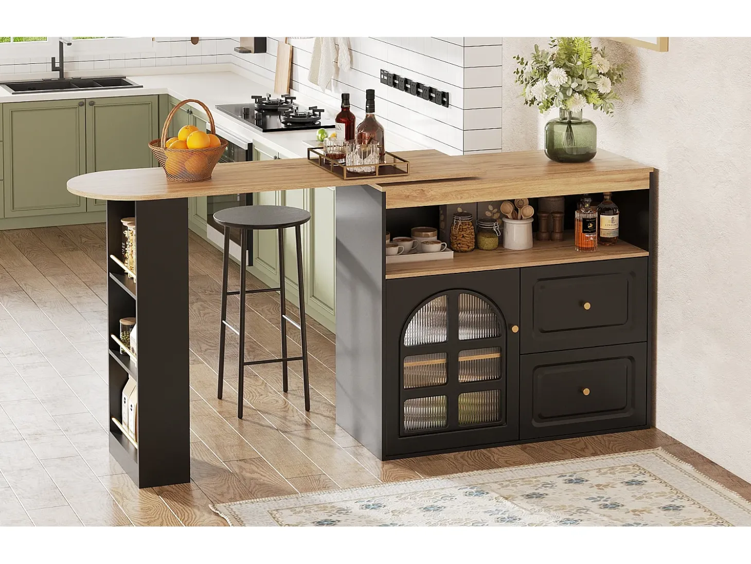 Mueble bar giratorio - 204 x 39 x 104 cm - con 2 cajones + 1 puerta + 3 estantes snack - MDF - negro