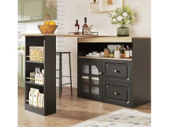 Mueble bar giratorio - 204 x 39 x 104 cm - con 2 cajones + 1 puerta + 3 estantes snack - MDF - negro