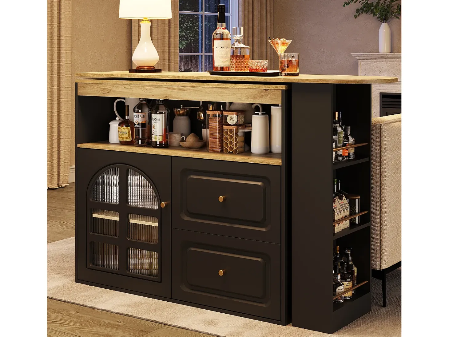 Mueble bar giratorio - 204 x 39 x 104 cm - con 2 cajones + 1 puerta + 3 estantes snack - MDF - negro
