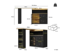 Mueble bar giratorio - 204 x 39 x 104 cm - con 2 cajones + 1 puerta + 3 estantes snack - MDF - negro