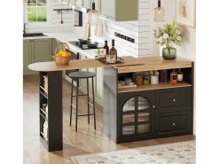Mueble bar giratorio - 204 x 39 x 104 cm - con 2 cajones + 1 puerta + 3 estantes snack - MDF - negro