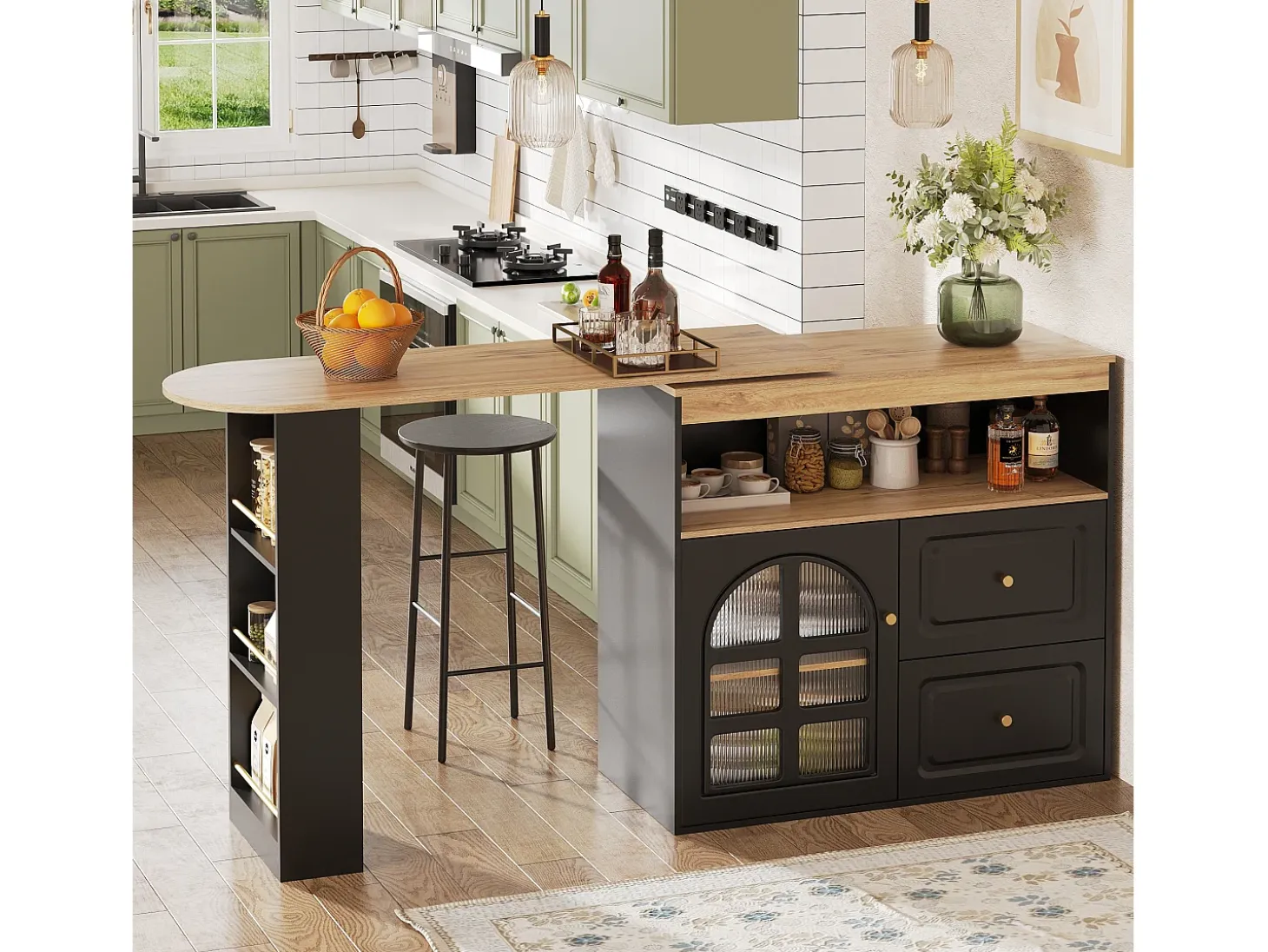 Mueble bar giratorio - 204 x 39 x 104 cm - con 2 cajones + 1 puerta + 3 estantes snack - MDF - negro