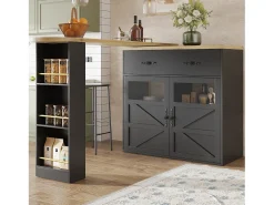 Mueble bar giratorio - Mesa de bar extensible con 1 cajones y 2 puerta de cristal - almacenamiento abierto - negro