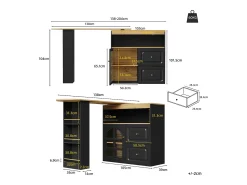 Mueble bar giratorio - Mesa de bar extensible con 2 cajones y 1 puerta de cristal - almacenamiento abierto - negro