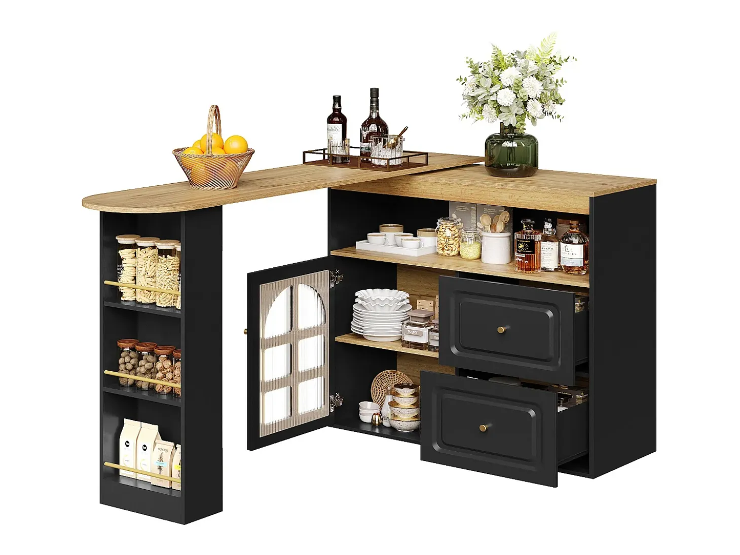 Mueble bar giratorio - Mesa de bar extensible con 2 cajones y 1 puerta de cristal - almacenamiento abierto - negro
