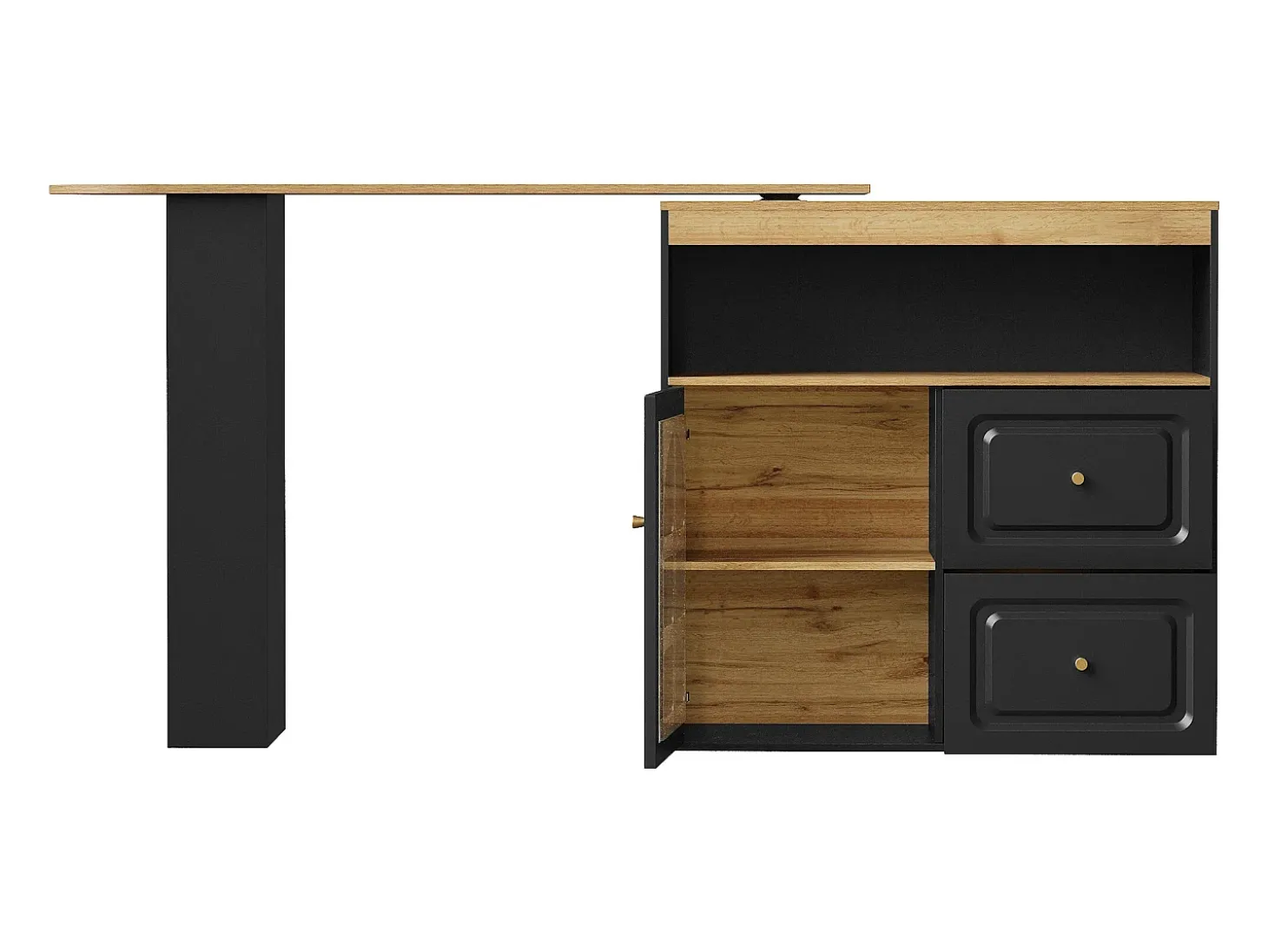 Mueble bar giratorio - Mesa de bar extensible con 2 cajones y 1 puerta de cristal - almacenamiento abierto - negro