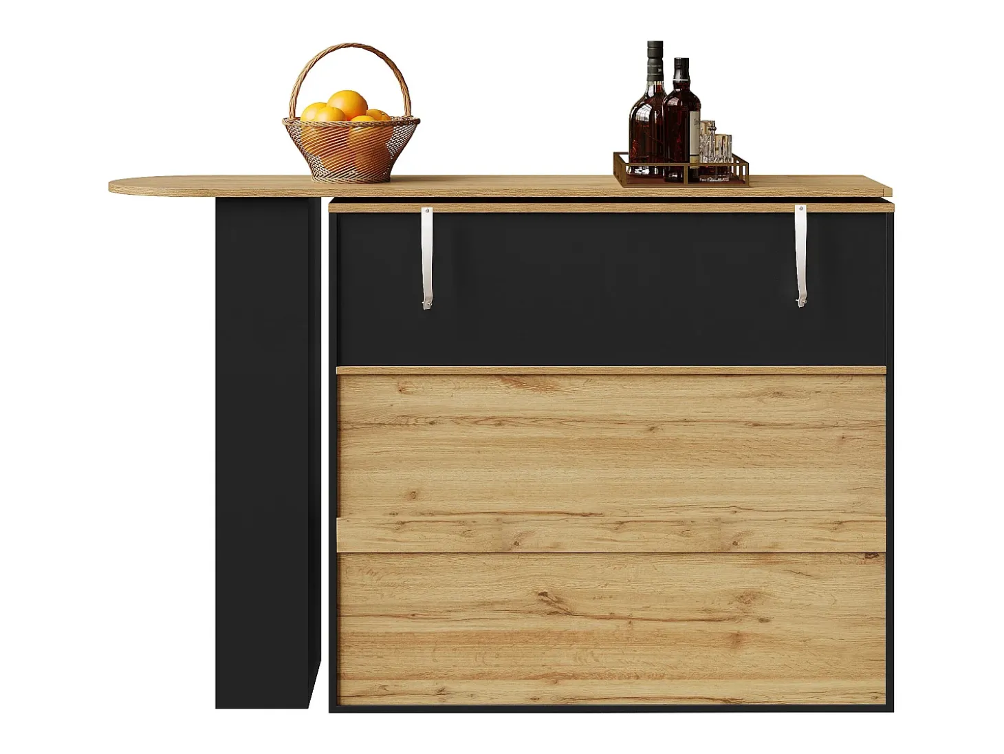 Mueble bar giratorio - Mesa de bar extensible con 2 cajones y 1 puerta de cristal - almacenamiento abierto - negro