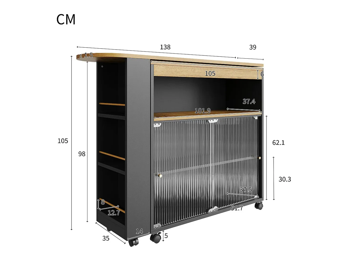 Mueble bar giratorio - Mesa de bar extensible con iluminación LED y puerta corrediza de vidrio - 4 compartimentos abiertos - negro