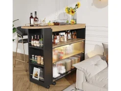 Mueble bar giratorio - Mesa de bar extensible con iluminación LED y puerta corrediza de vidrio - 4 compartimentos abiertos - negro