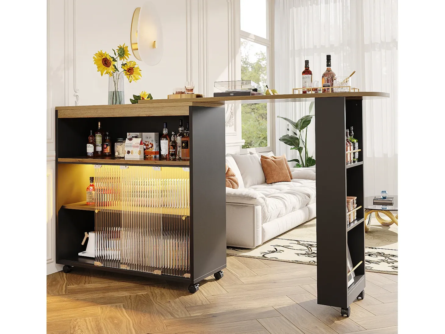 Mueble bar giratorio - Mesa de bar extensible con iluminación LED y puerta corrediza de vidrio - 4 compartimentos abiertos - negro