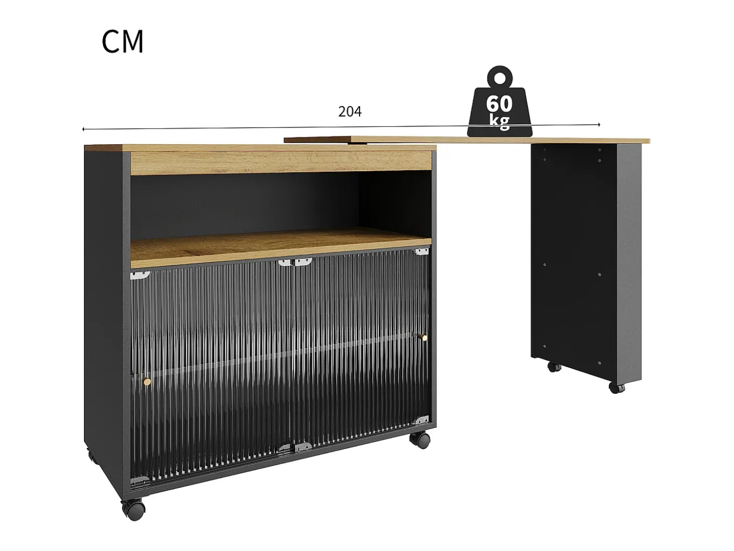 Mueble bar giratorio - Mesa de bar extensible con iluminación LED y puerta corrediza de vidrio - 4 compartimentos abiertos - negro