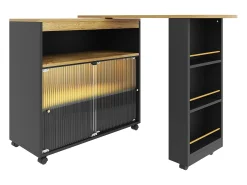 Mueble bar giratorio - Mesa de bar extensible con iluminación LED y puerta corrediza de vidrio - 4 compartimentos abiertos - negro
