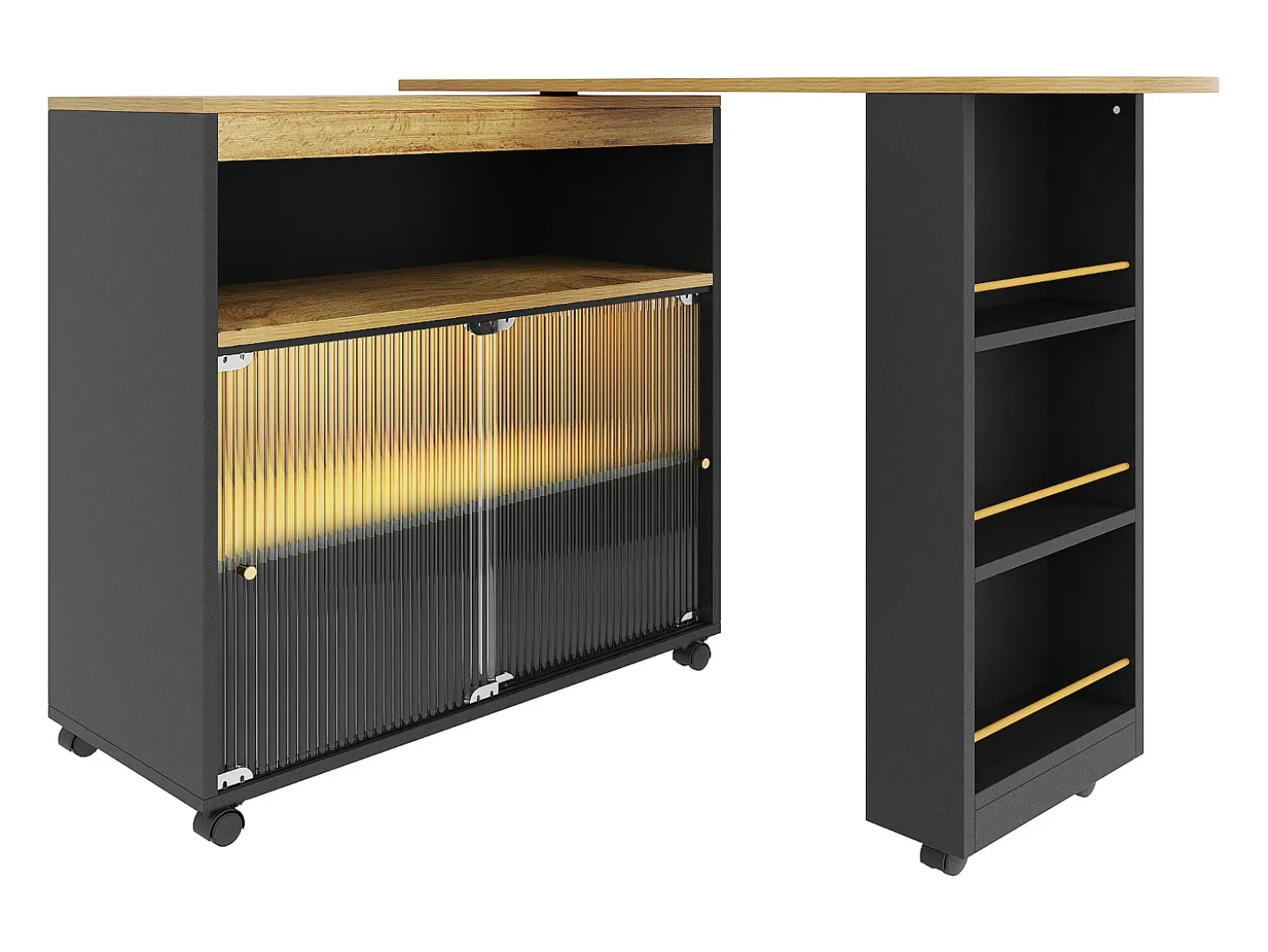 Mueble bar giratorio - Mesa de bar extensible con iluminación LED y puerta corrediza de vidrio - 4 compartimentos abiertos - negro