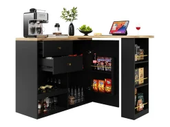 Mueble bar giratorio - una puerta, 2 cajones, 3 estantes y 2 nichos - Tapa efecto madera MDF - 138 cm/105x39x102 cm - Negro