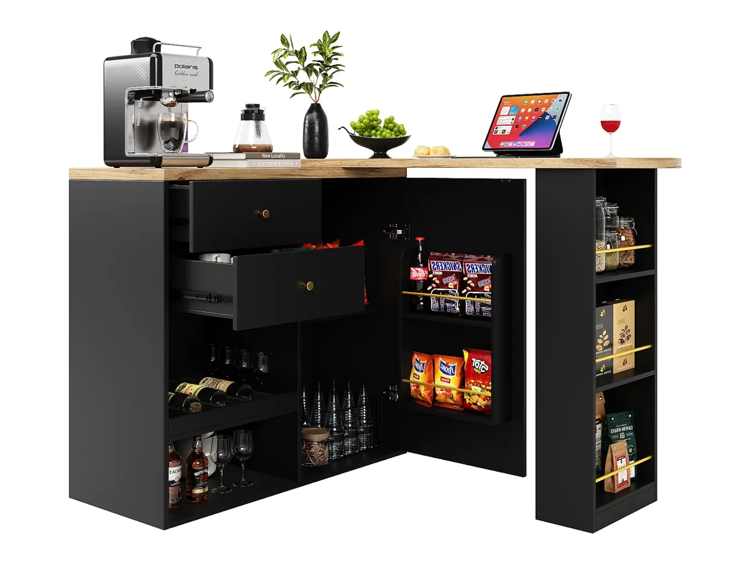 Mueble bar giratorio - una puerta, 2 cajones, 3 estantes y 2 nichos - Tapa efecto madera MDF - 138 cm/105x39x102 cm - Negro