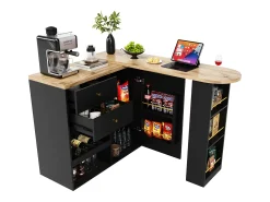 Mueble bar giratorio - una puerta, 2 cajones, 3 estantes y 2 nichos - Tapa efecto madera MDF - 138 cm/105x39x102 cm - Negro