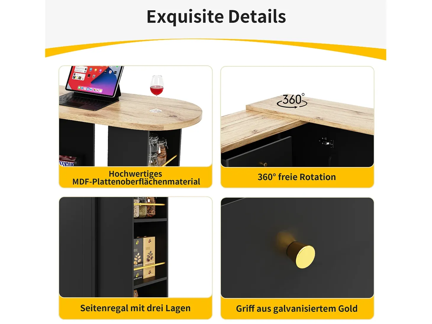 Mueble bar giratorio - una puerta, 2 cajones, 3 estantes y 2 nichos - Tapa efecto madera MDF - 138 cm/105x39x102 cm - Negro
