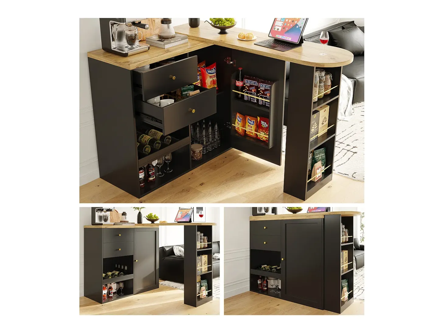 Mueble bar giratorio - una puerta, 2 cajones, 3 estantes y 2 nichos - Tapa efecto madera MDF - 138 cm/105x39x102 cm - Negro