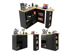 Mueble bar giratorio - una puerta, 2 cajones, 3 estantes y 2 nichos - Tapa efecto madera MDF - 138 cm/105x39x102 cm - Negro