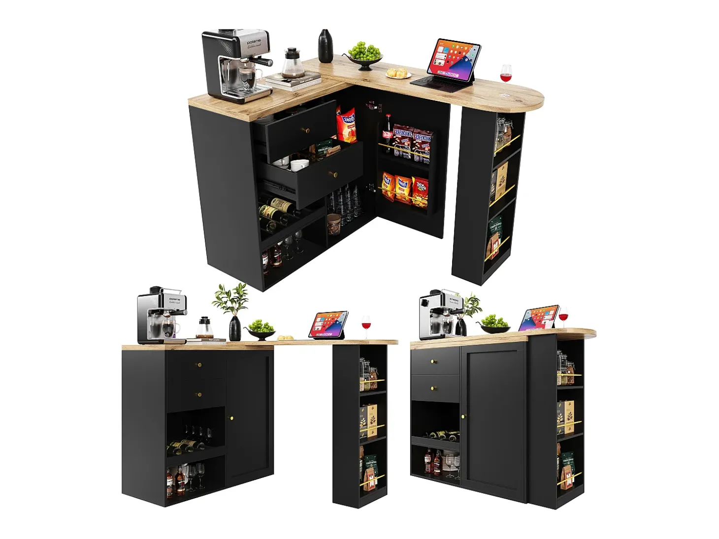 Mueble bar giratorio - una puerta, 2 cajones, 3 estantes y 2 nichos - Tapa efecto madera MDF - 138 cm/105x39x102 cm - Negro