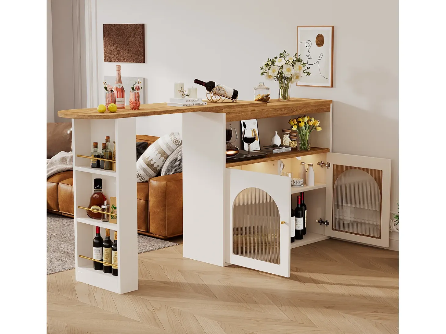 Mueble bar giratorio con iluminación LED y dos puertas de cristal - blanco y natural