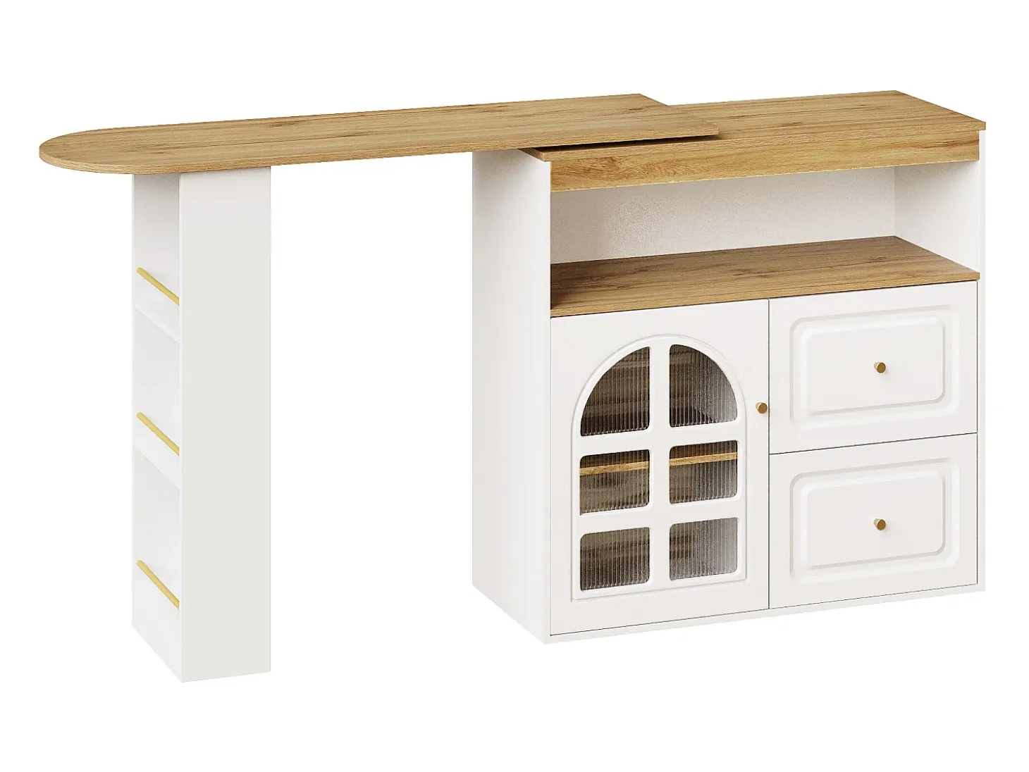 Mueble bar giratorio con 1 puerta de cristal, 1 nicho y 2 cajones, cuerpo blanco, estantes incluidos - 204x39x104cm