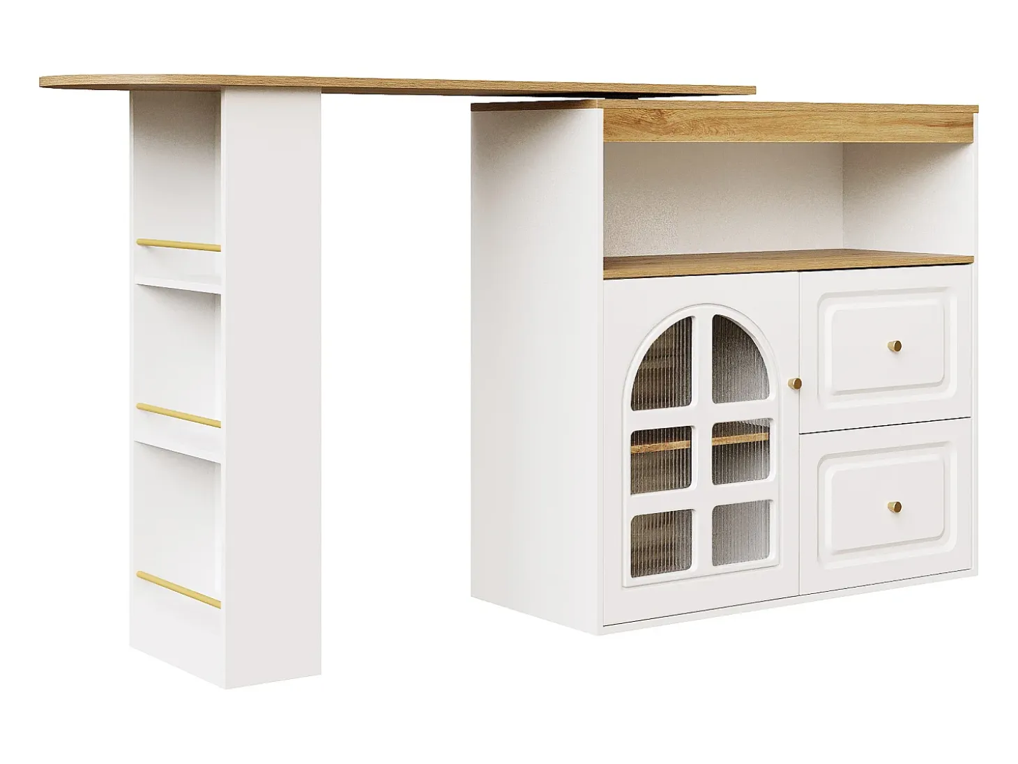 Mueble bar giratorio con 1 puerta de cristal, 1 nicho y 2 cajones, cuerpo blanco, estantes incluidos - 204x39x104cm