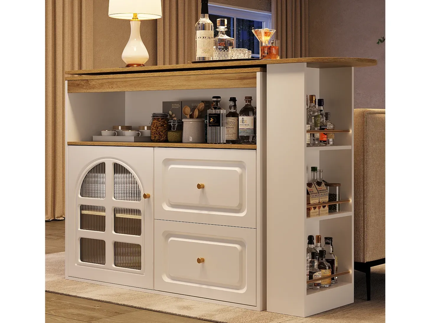 Mueble bar giratorio con 1 puerta de cristal, 1 nicho y 2 cajones, cuerpo blanco, estantes incluidos - 204x39x104cm