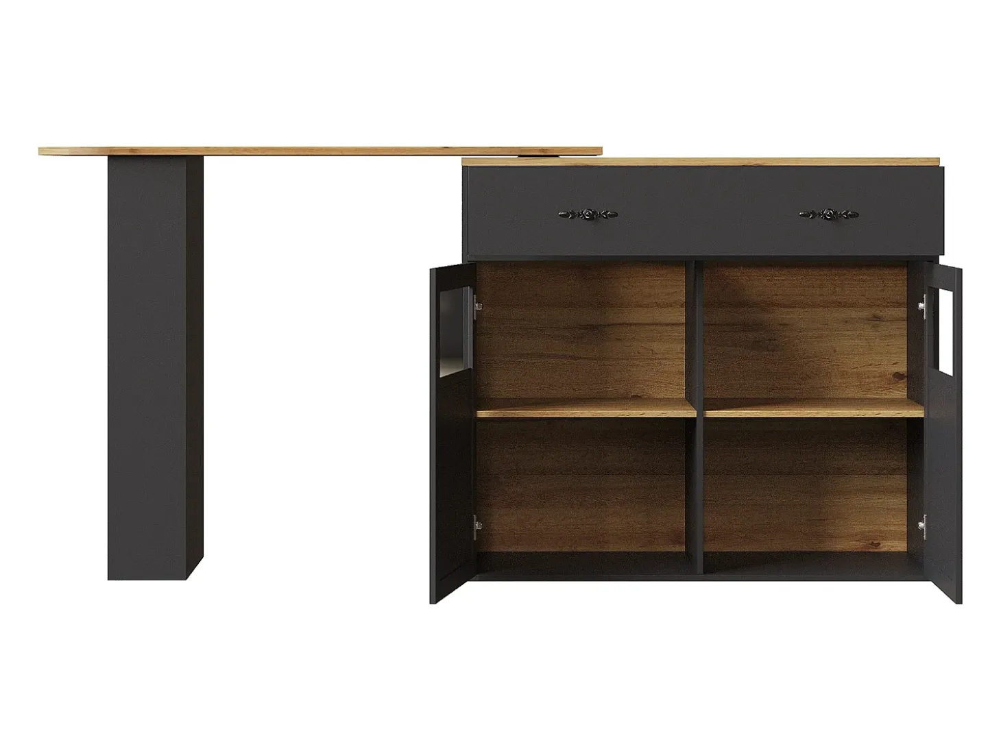 Mueble bar giratorio con 1 cajón ancho y 2 puertas, estante lateral de tres niveles incluido, negro - 204x39x104cm