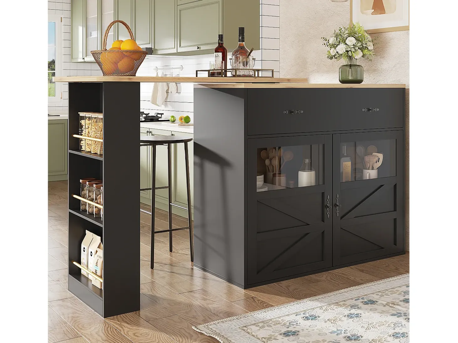 Mueble bar giratorio con 1 cajón ancho y 2 puertas, estante lateral de tres niveles incluido, negro - 204x39x104cm
