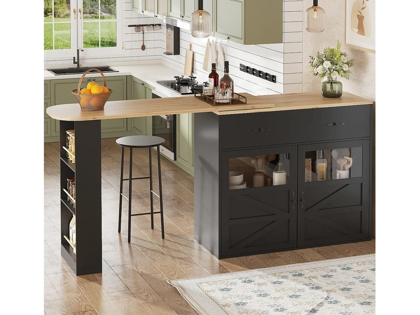 Mueble bar giratorio con 1 cajón ancho y 2 puertas, estante lateral de tres niveles incluido, negro - 204x39x104cm