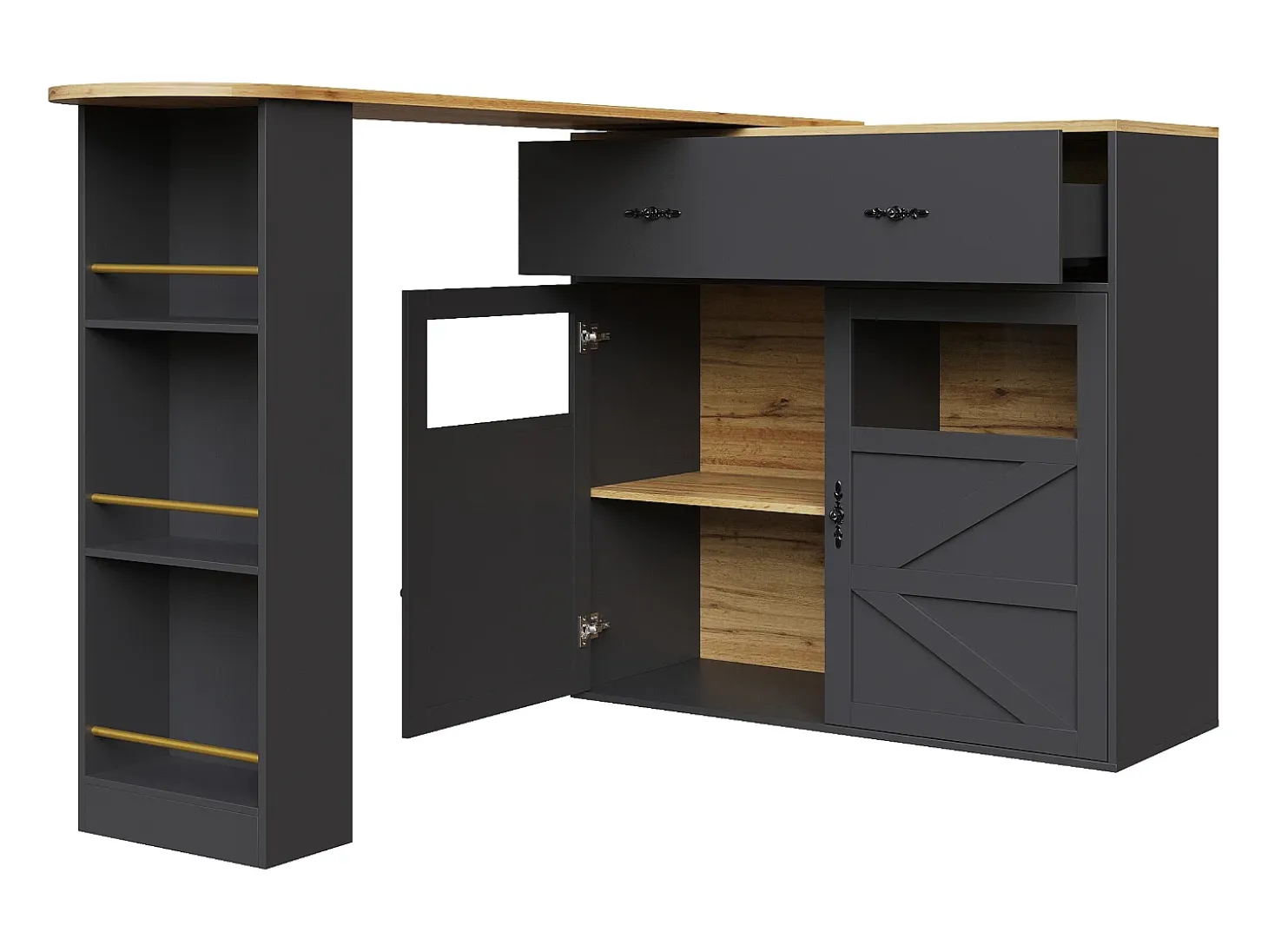 Mueble bar giratorio con 1 cajón ancho y 2 puertas, estante lateral de tres niveles incluido, negro - 204x39x104cm