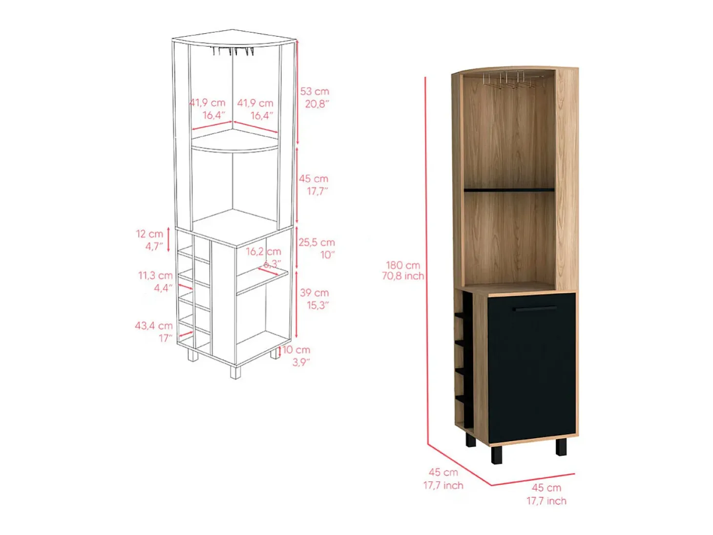 Mueble Bar Kaia en melamina con 3 estantes , 9 portacopas , 10 botelleros y gabinete inferior , multicolor , 180 cm X 45 cm X 45 cm