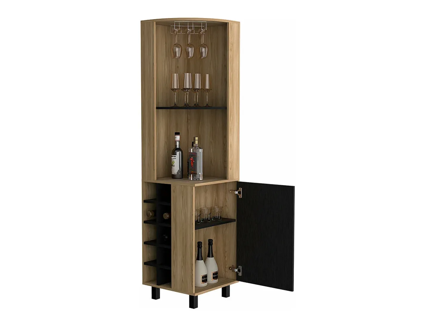 Mueble Bar Kaia en melamina con 3 estantes , 9 portacopas , 10 botelleros y gabinete inferior , multicolor , 180 cm X 45 cm X 45 cm