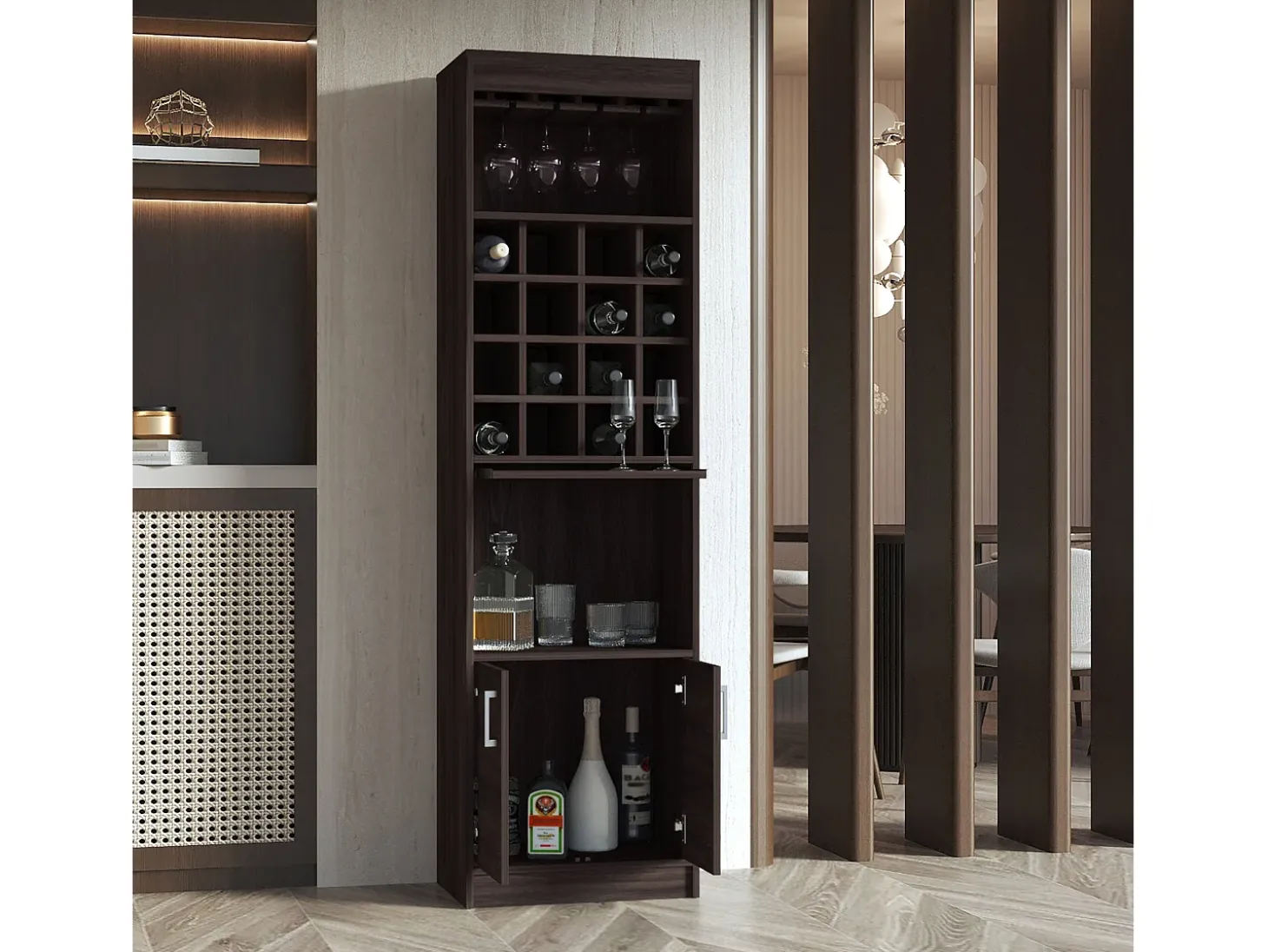 Mueble Bar kava espresso en melamina con Estante para Copas y Gabinete Inferior , 180.6 cm X 51 cm X 34 cm , Multicolor