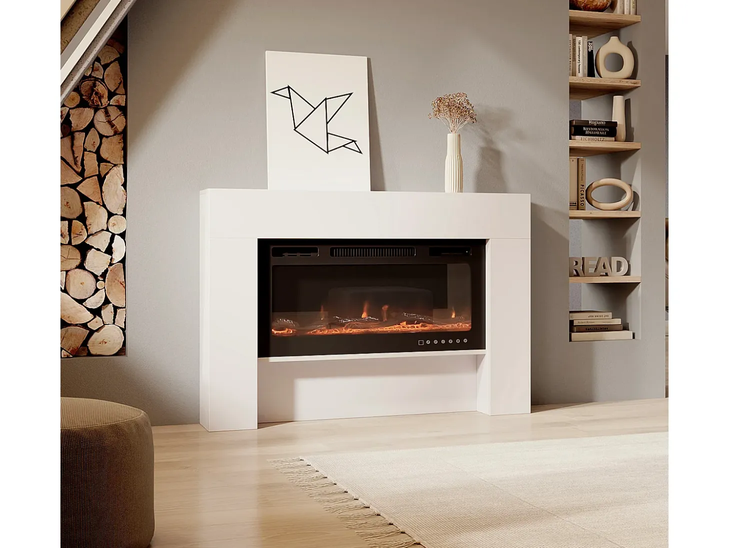 Mueble con chimenea para Salón comedor en Blanco 127,4x21x86,6cm Candela