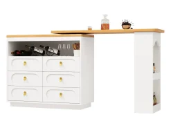 Mueble de bar de cocina extensible - y rotación 360° - 203x39x90 cm - 6 cajones - con estantes laterales - Blanco