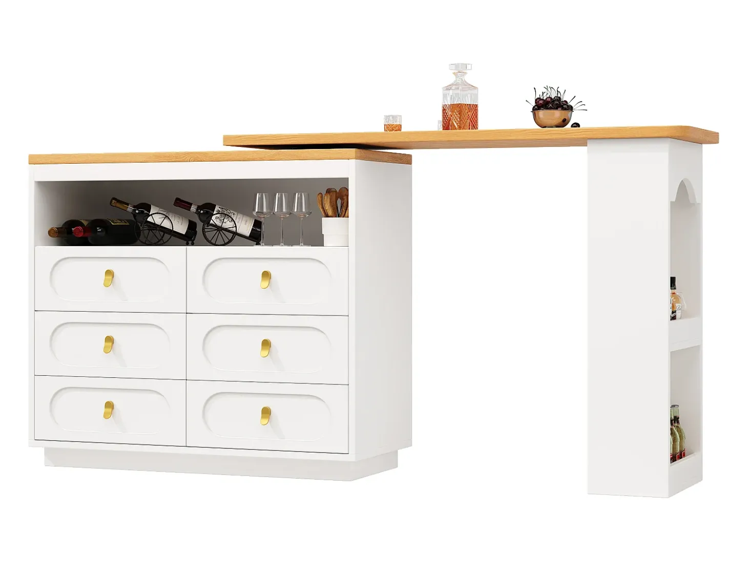 Mueble de bar de cocina extensible - y rotación 360° - 203x39x90 cm - 6 cajones - con estantes laterales - Blanco