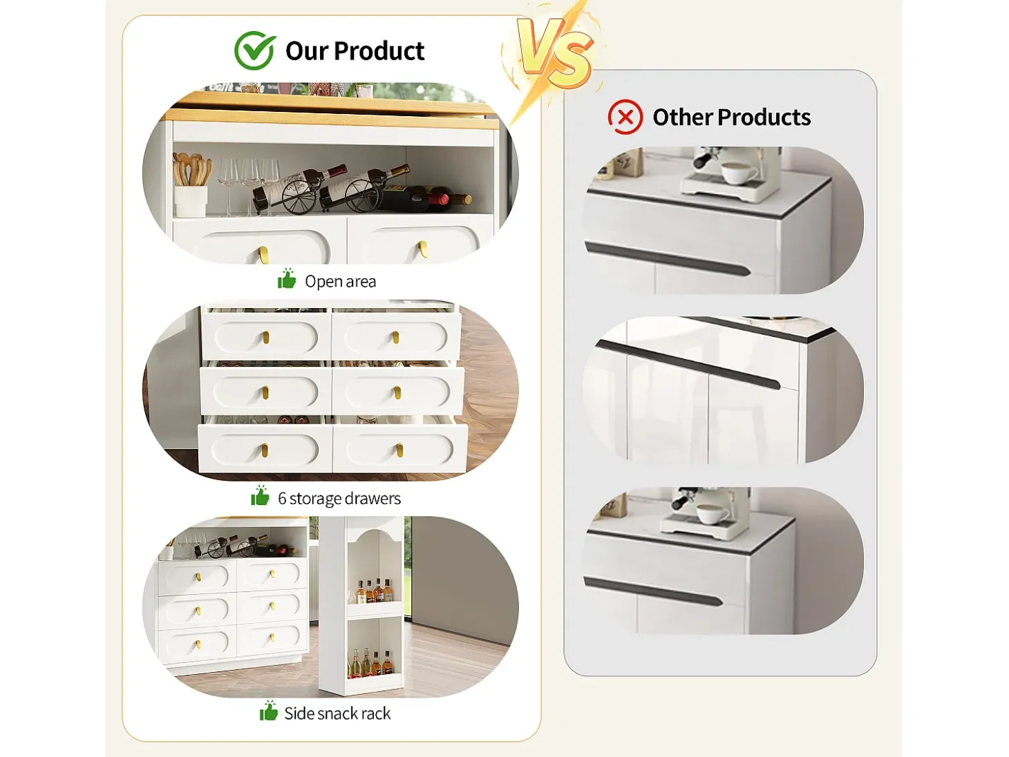 Mueble de bar de cocina extensible - y rotación 360° - 203x39x90 cm - 6 cajones - con estantes laterales - Blanco