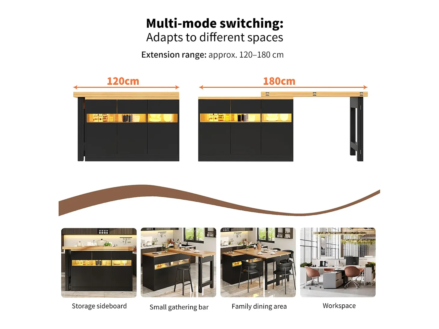 Mueble de bar de cocina extensible - con iluminación LED - mesa grande - y rotación 360° - 180x79.5x71.5 cm - 3 puertas - Negro