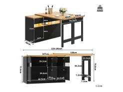 Mueble de bar de cocina extensible - con iluminación LED - mesa grande - y rotación 360° - 180x79.5x71.5 cm - 3 puertas - Negro