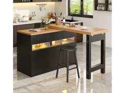 Mueble de bar de cocina extensible - con iluminación LED - mesa grande - y rotación 360° - 180x79.5x71.5 cm - 3 puertas - Negro