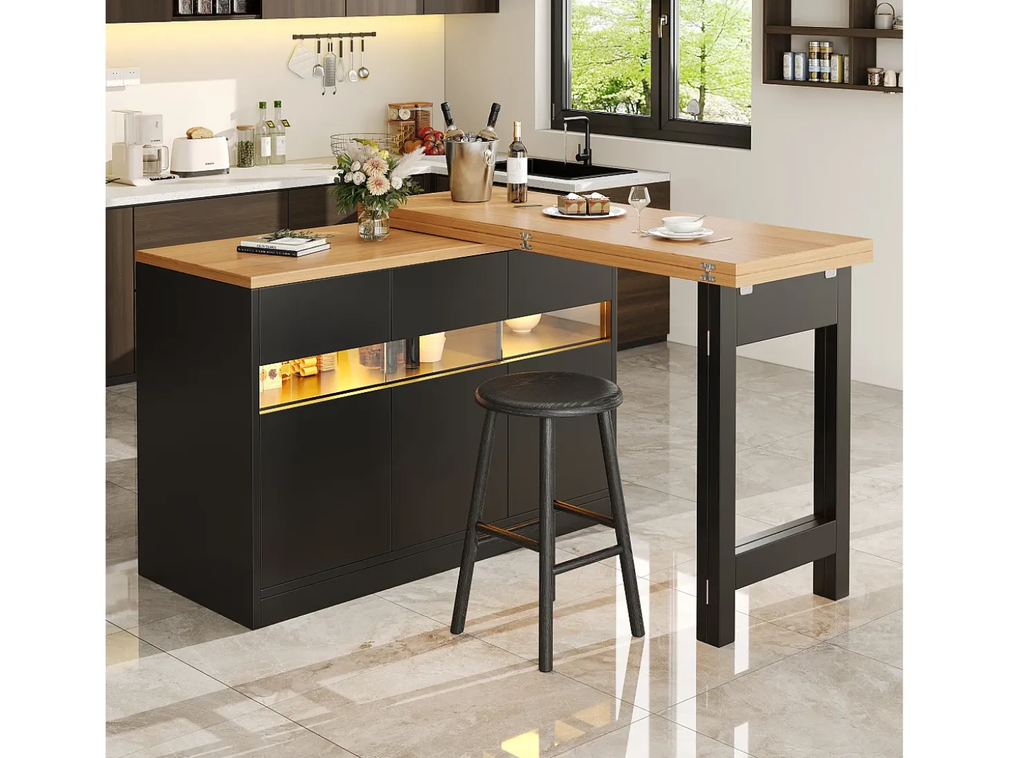 Mueble de bar de cocina extensible - con iluminación LED - mesa grande - y rotación 360° - 180x79.5x71.5 cm - 3 puertas - Negro
