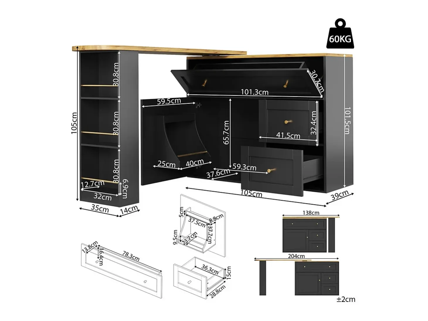 Mueble de bar extensible giratorio - con 2 puertas, 2 cajones y 3 nichos - MDF - 138/204×39×105cm - Negro
